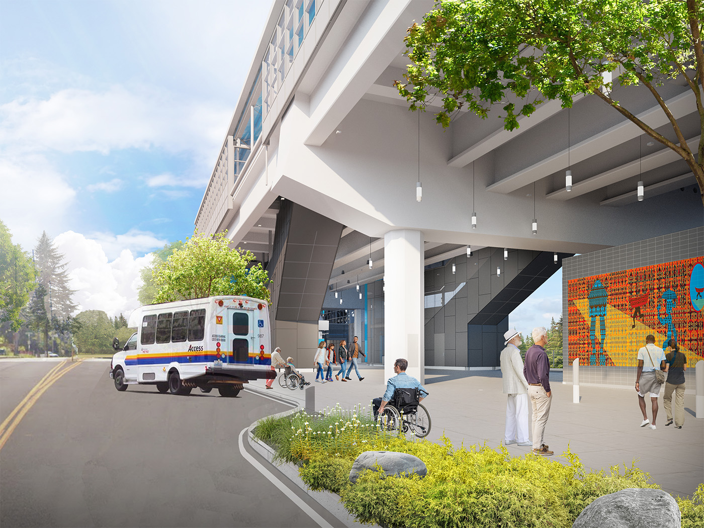 A dedicated drop-off for paratransit vehicles
                            provides accessibility to the central plaza.