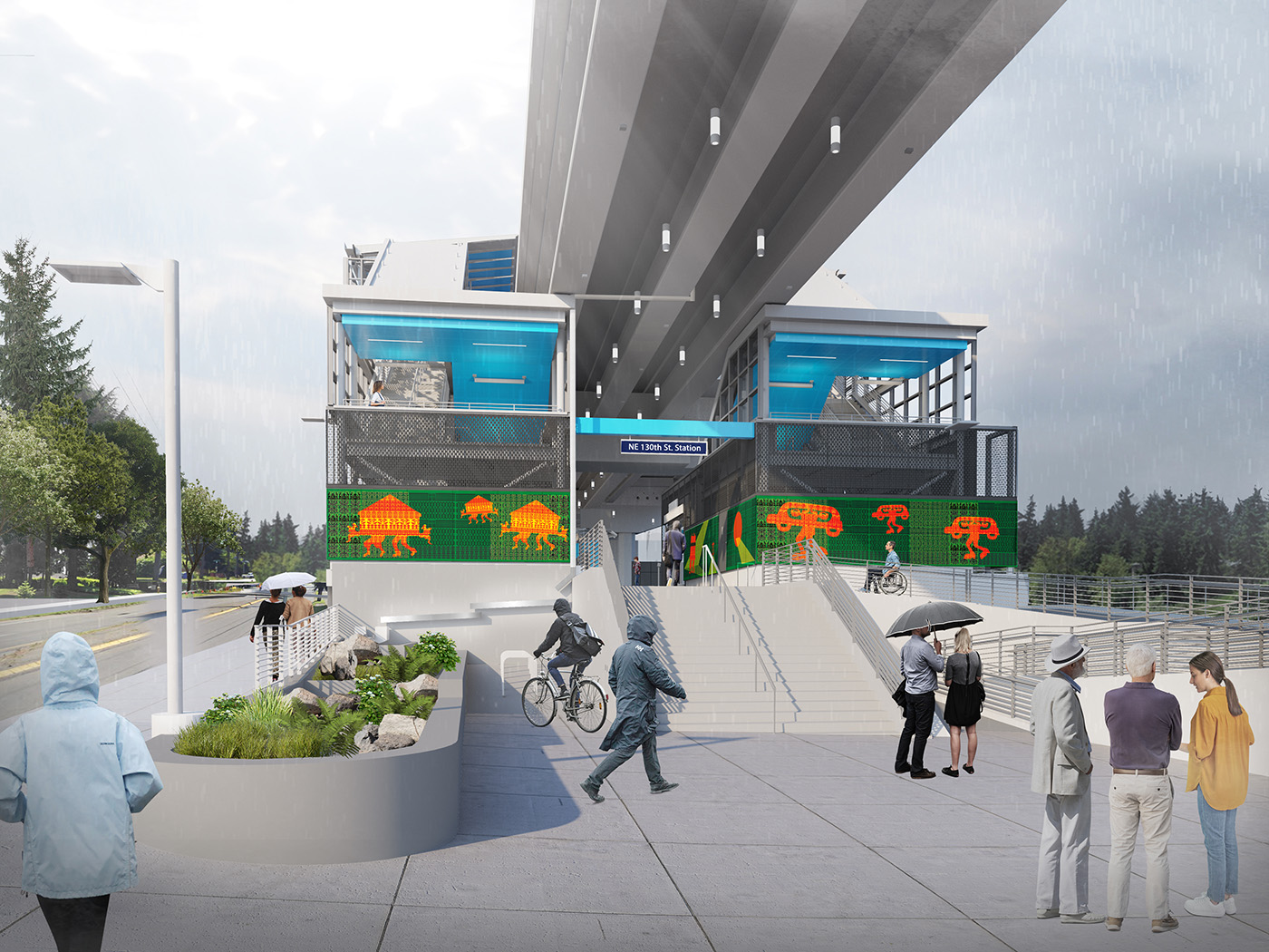 The north plaza will feature many pedestrian
                            amenities, access to the north lobby.