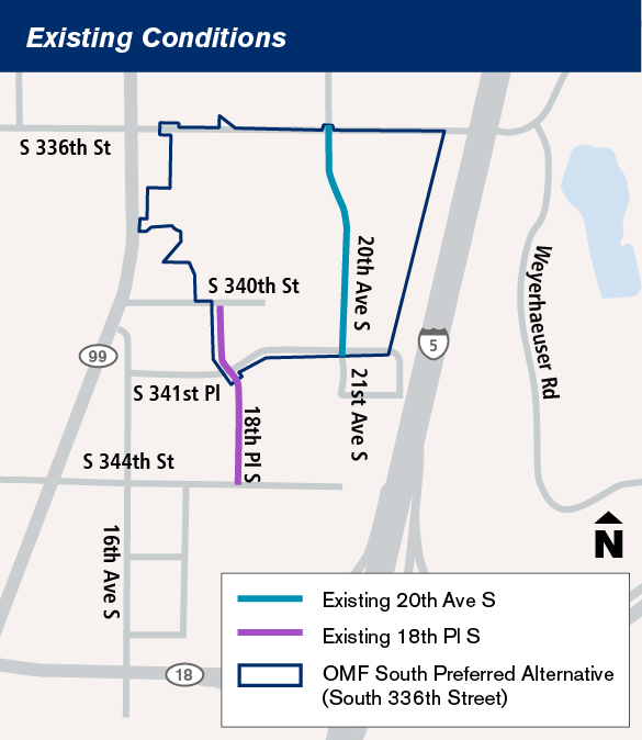 A map overview of Federal Way showing the approximate location of the preferred alternative site for the OMF South project and the existing conditions. Currently, 20th Avenue South between South 336th Street and South 341st Place, as well as a portion of 18th Place South are located within the preferred alternative site. 